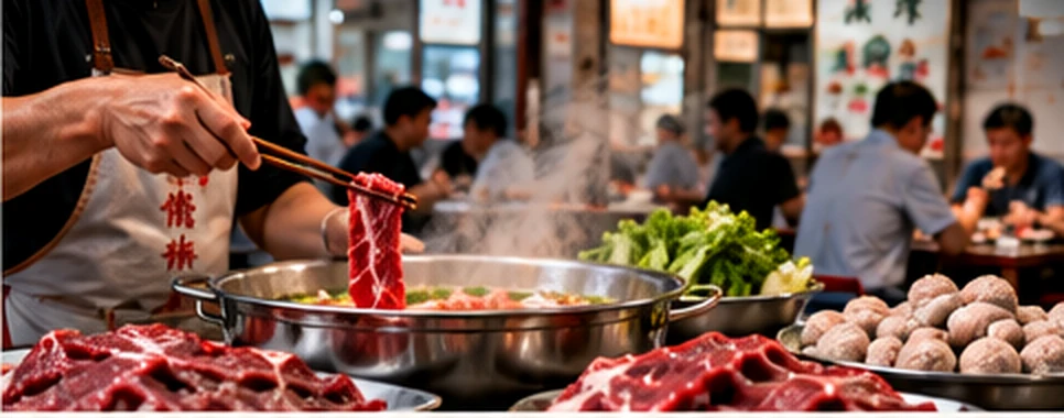 Illustrative close-up of beef being lifted above a hotpot with assorted beef cuts and beef balls