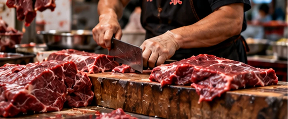 Illustrative close-up of beef being cut on a butcher's workbench