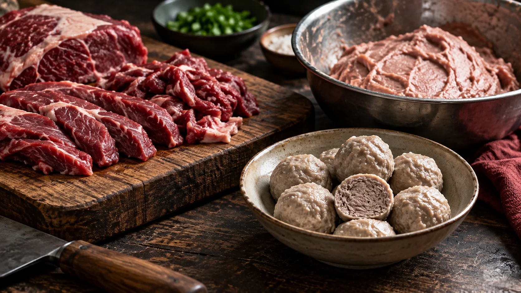 AI-generated editorial illustration of beef, meat paste and beef balls on a preparation table; not a field photograph