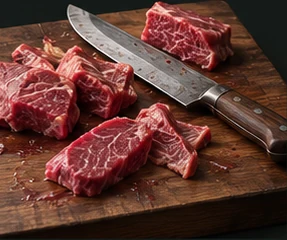 Illustrative close-up of raw beef with a cutting knife on a board